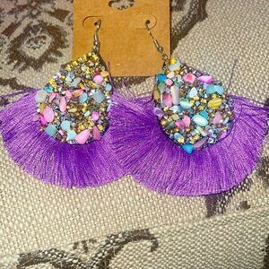 Tassel Earrings Purple Tassel with Multicolor Stone CZ Diamond Center Shiny NEW